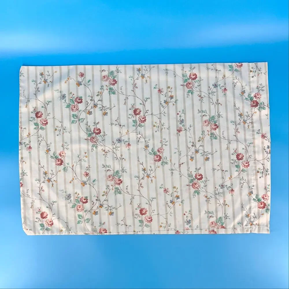 Vintage Cottagecore Floral Stripe Pillowcase 1980s 80s Shabby Chic Farmhouse